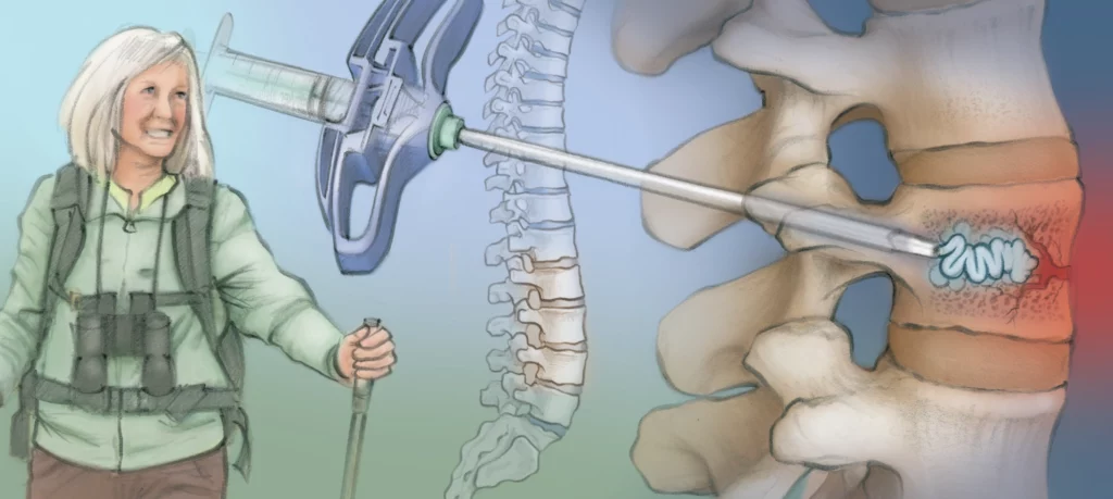 Illustration showing spinal compression fracture treatment, highlighting minimally invasive image-guided procedures used by Peak IR Spokane to stabilize fractured vertebrae and relieve back pain.